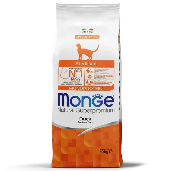 

Сухой корм для кошек Monge Monoprotein Sterilised, для стерилизованных, утка, 10кг, Monoprotein Sterilised