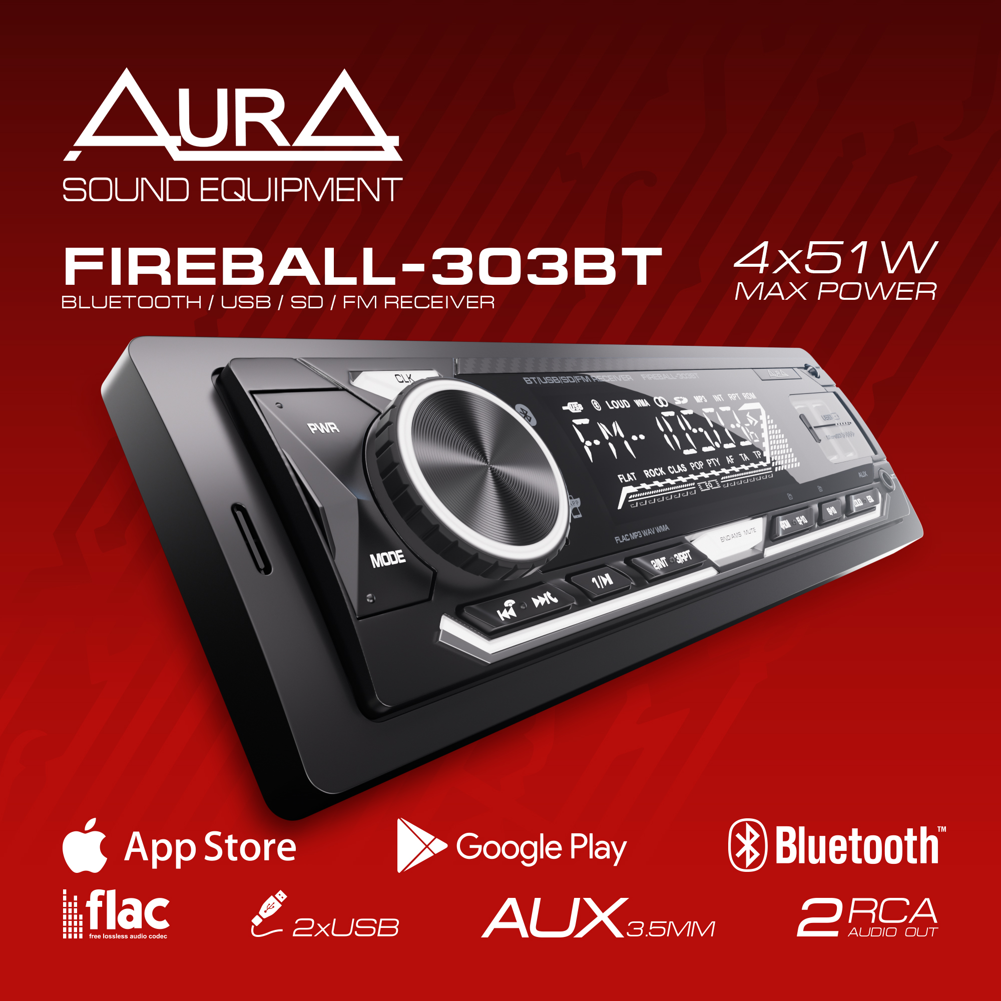 Ресивер автомобильный AurA FIREBALL-303BT USB/SD