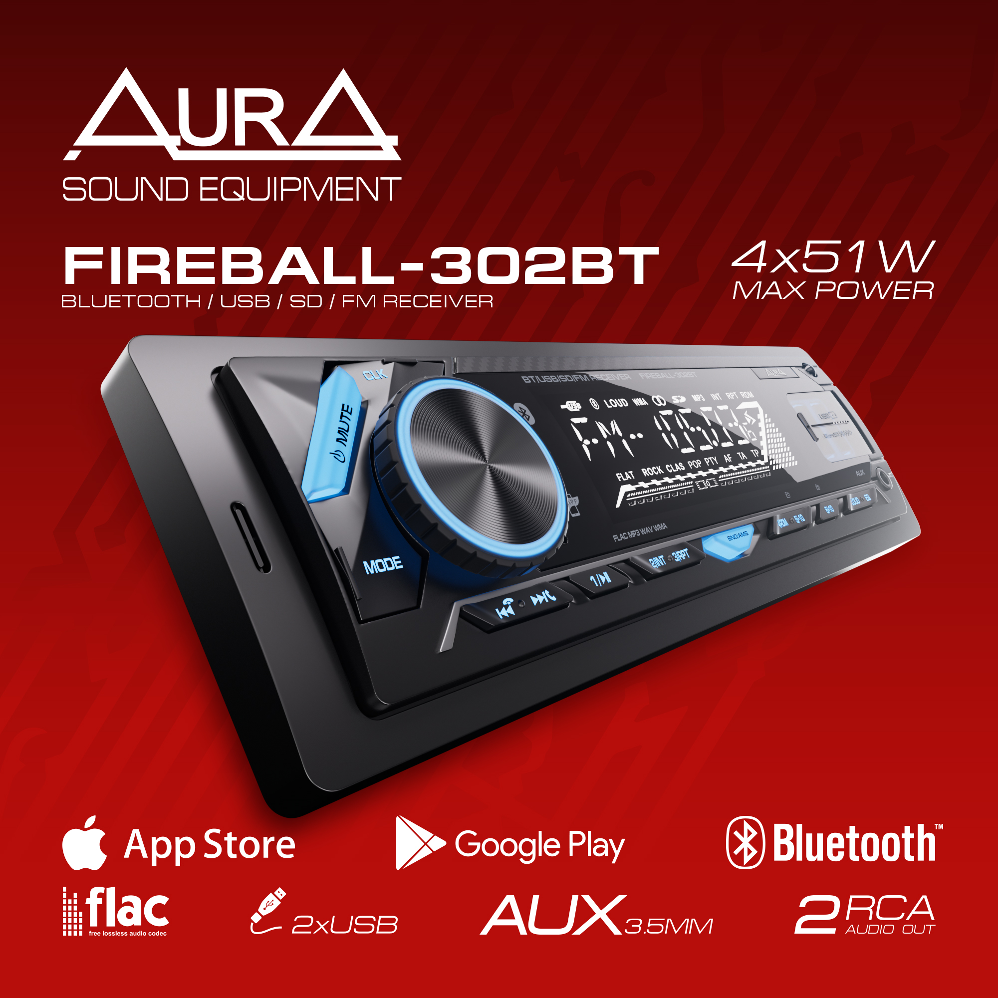 

Ресивер автомобильный AurA FIREBALL-302BT USB/SD, FIREBALL-302BT