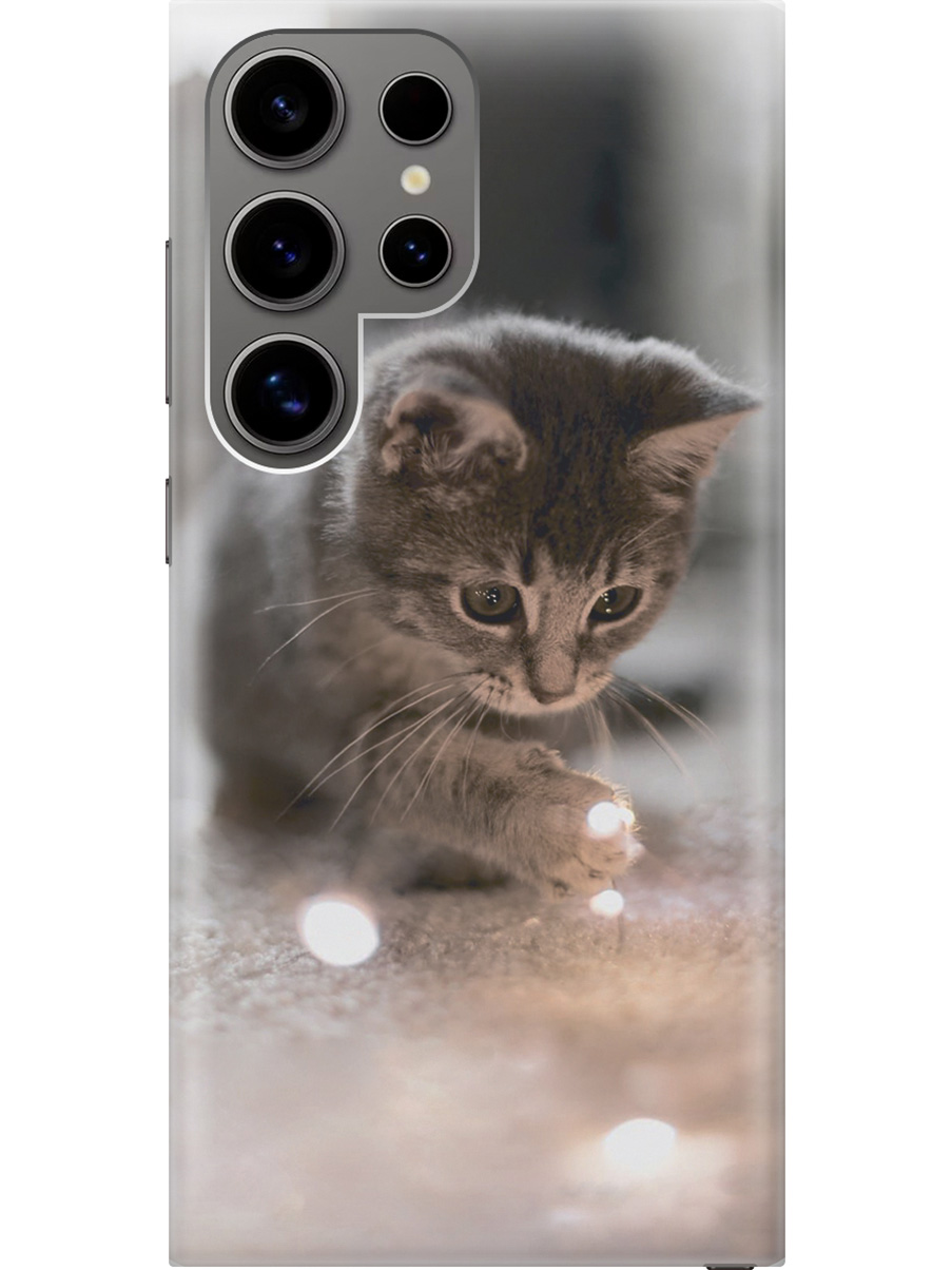 

Силиконовый чехол на Samsung Galaxy S24 Ultra с рисунком "Котенок и свет", Белый;коричневый;серый, 20011898