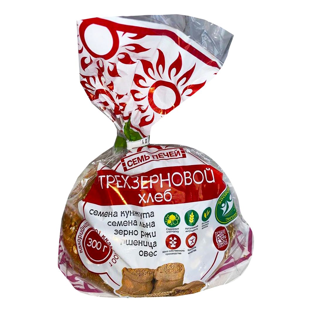 

Хлеб серый Семь Печей Трехзерновой ремесленный злаки 300 г, Трехзерновой ремесленный