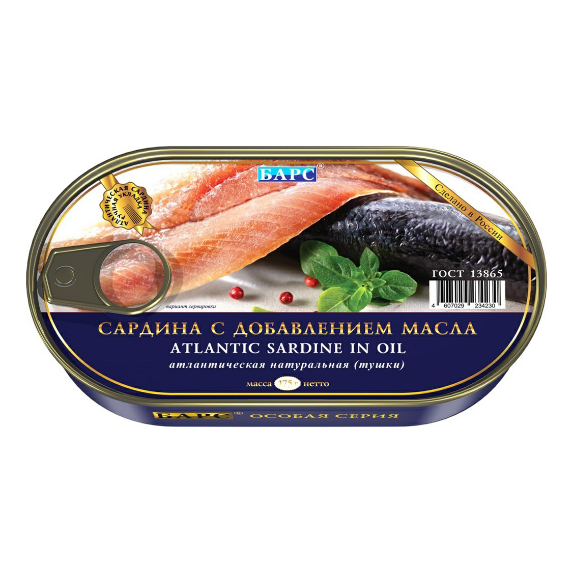 Сардина с добавлением масла Барс атлантическая тушки, ГОСТ, 1 шт по 175г