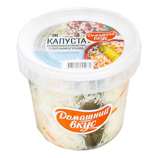 

Капуста Домашний Вкус белокочанная квашеная с солеными огурцами 900 г