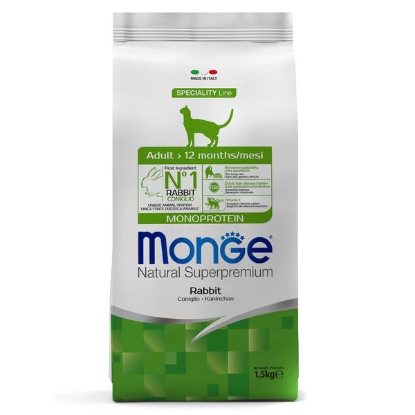 Сухой корм для кошек Monge Monoprotein, монопротеиновый, кролик, 1,5кг