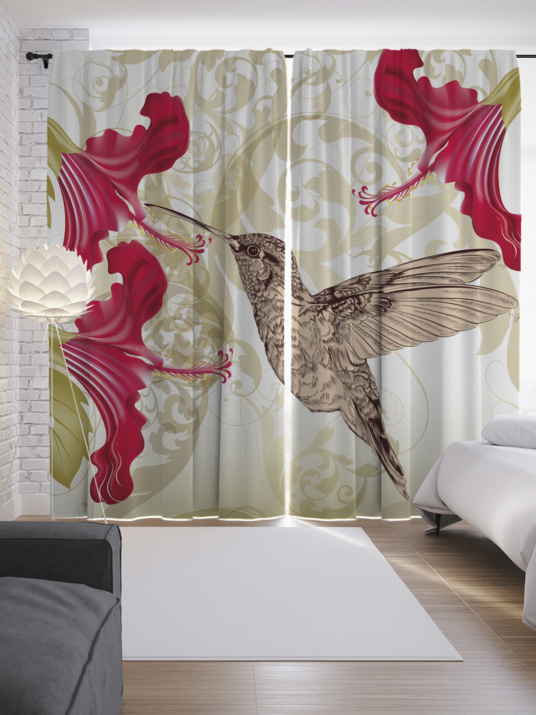

Шторы с фотопечатью "Колибри и узор" из сатена, 290х265 см