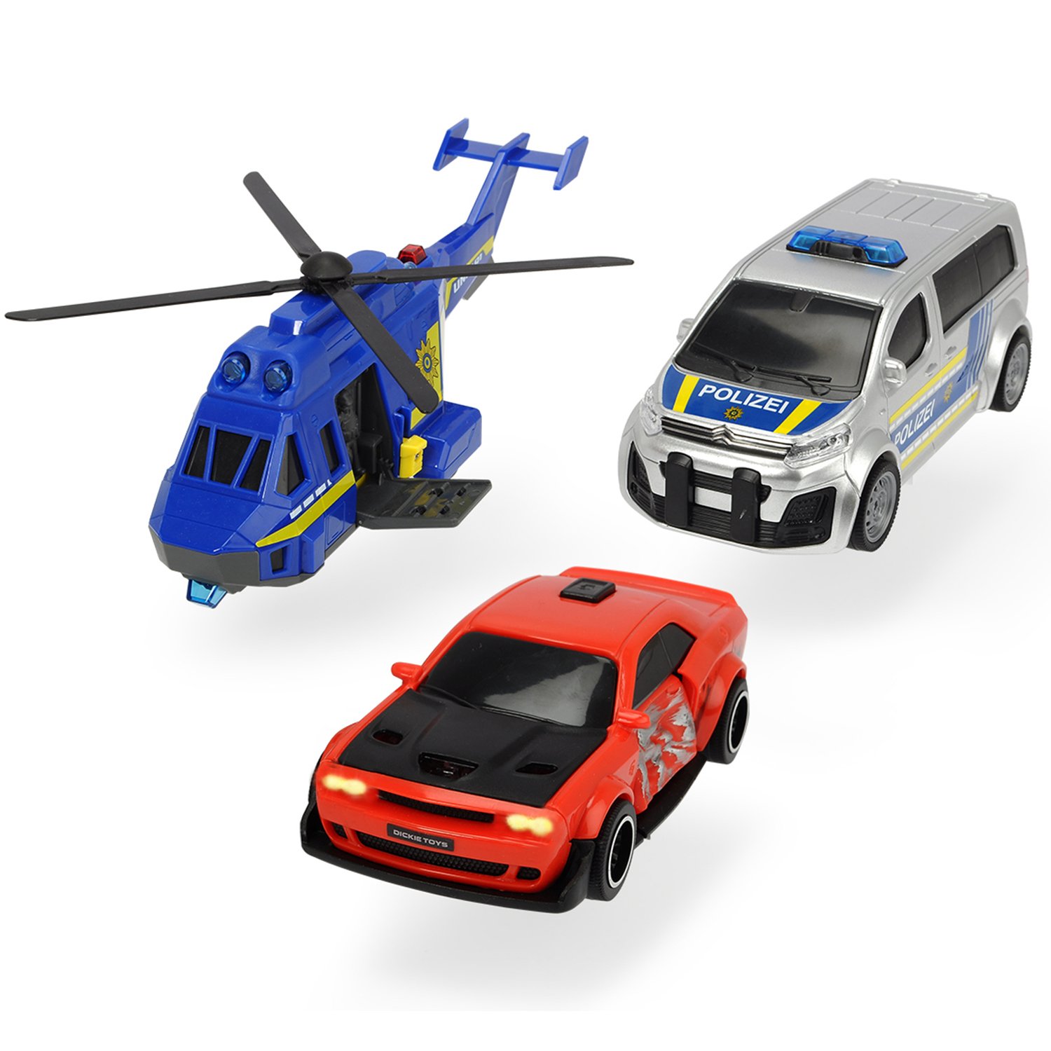фото Игровой набор dickie toys полицейская погоня вертолет, 2 машинки dodge и citroen