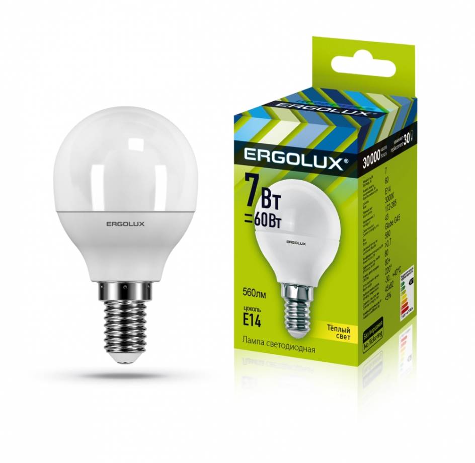 

Лампа светодиодная Ergolux LED-G45-7W-E14-3K, LED-G45-E14