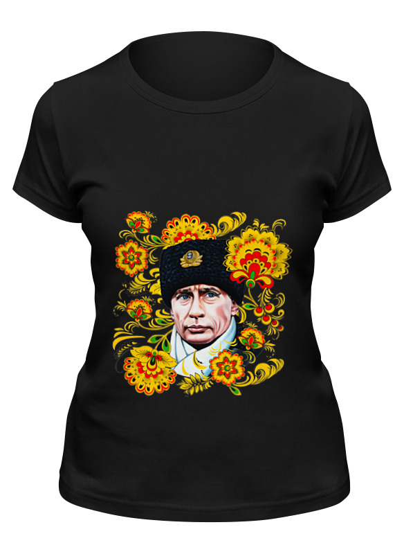 

Футболка женская Printio Путин – хохлома черная S, Путин – хохлома