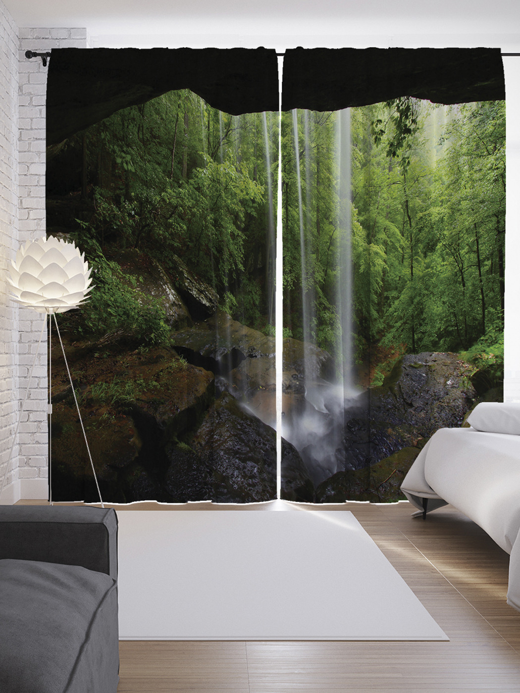 

Шторы с фотопечатью "Укрытие под водопадом" из сатена, 290х265 см