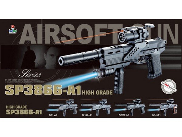 304493 Пистолет игрушечный с лазер. прицелом, с глушителем SP3866-A1 в кор. в кор.60шт