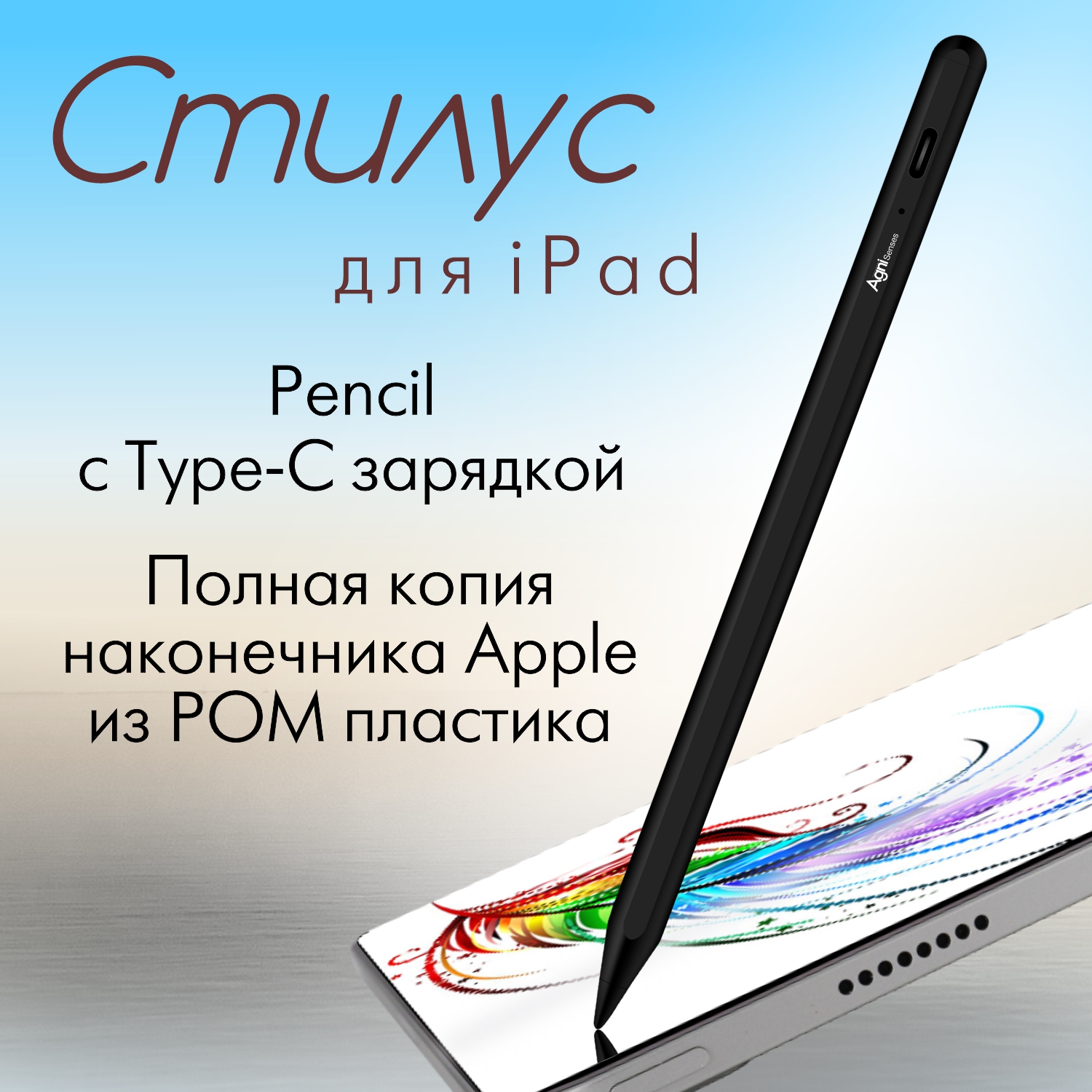 Стилус для iPad, AGNI Senses, с USB-C зарядкой и магнитным креплением к планшету, черный