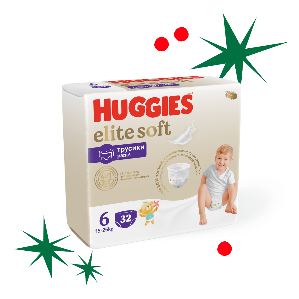 Подгузники-трусики Huggies Elite Soft 15-25 кг, 6 размер, 32 шт