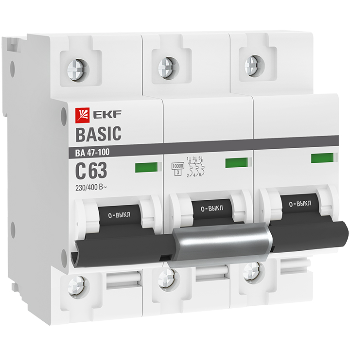 

Автоматический выключатель EKF Basic 3P 63А (C) 10kA ВА 47-100 mcb47100-3-63C-bas, EKF-3
