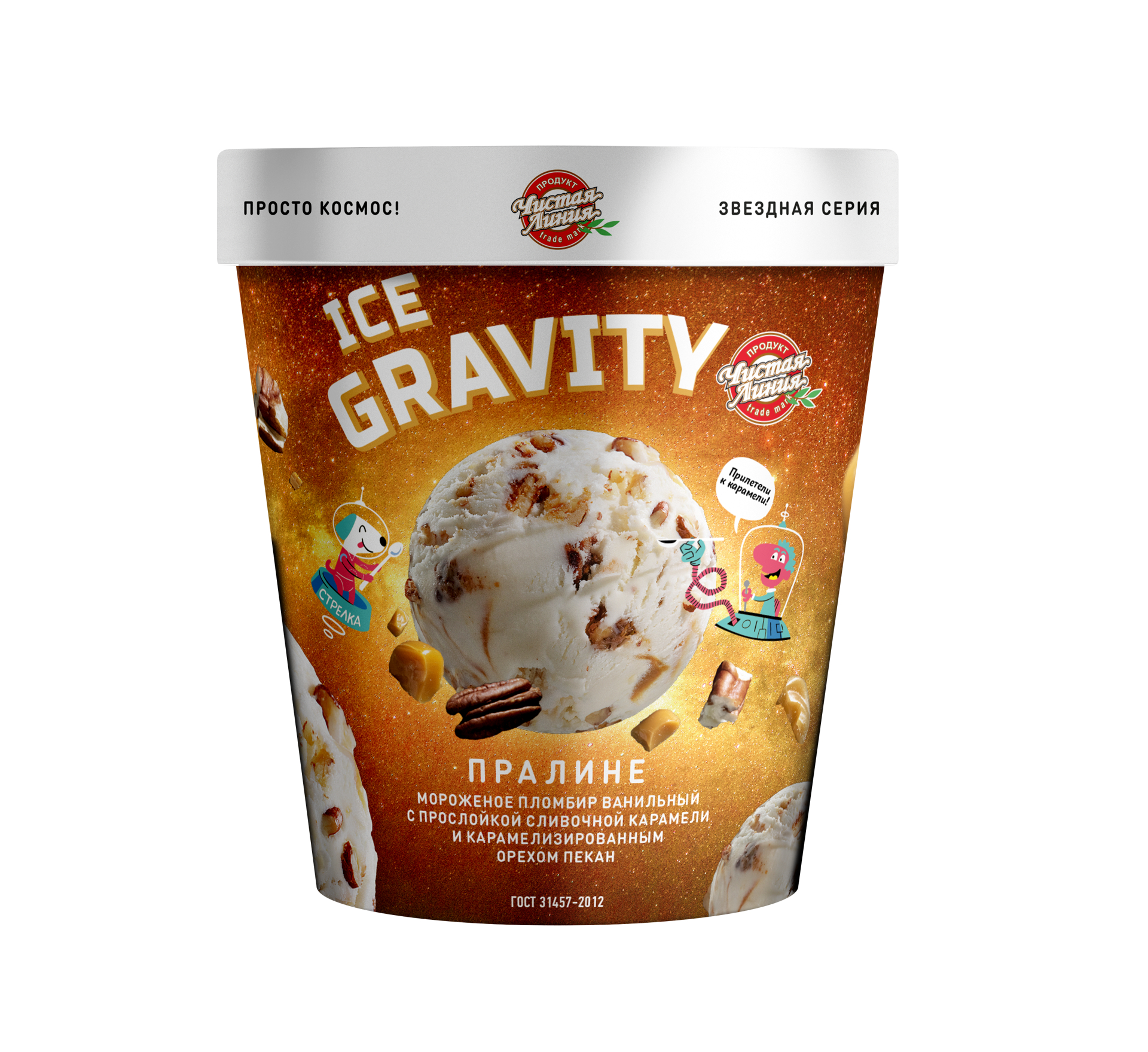 Мороженое Ice Gravity Пралине пломбир ванильный, карамель и орех пекан, ГОСТ, 12%, 270 г