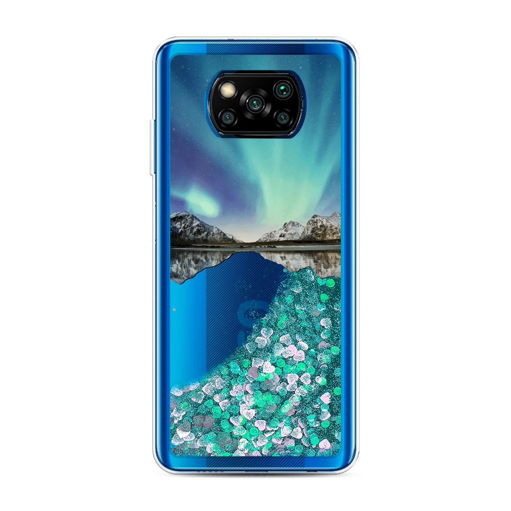 

Жидкий чехол с блестками "Горное озеро и сияние" на Xiaomi Poco X3 NFC, 39295-1