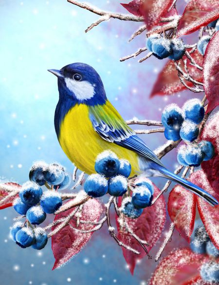 

Алмазная мозаика на подрамнике Синица на ягодах, 90x70 см, 30 цветов, 58003, ПРА-006