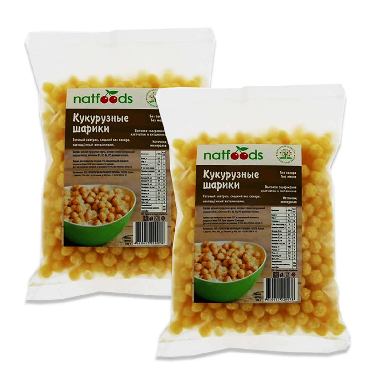 Кукурузные шарики Natfoods без сахара, 2 шт по 100 г