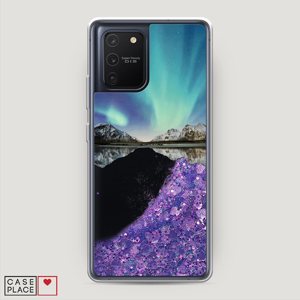 фото Жидкий чехол с блестками "горное озеро и сияние" на samsung galaxy s10 lite awog