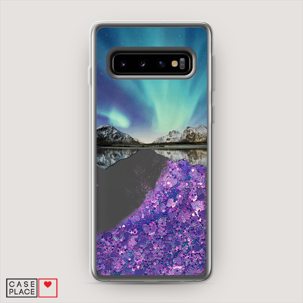 фото Жидкий чехол с блестками "горное озеро и сияние" на samsung galaxy s10 + awog