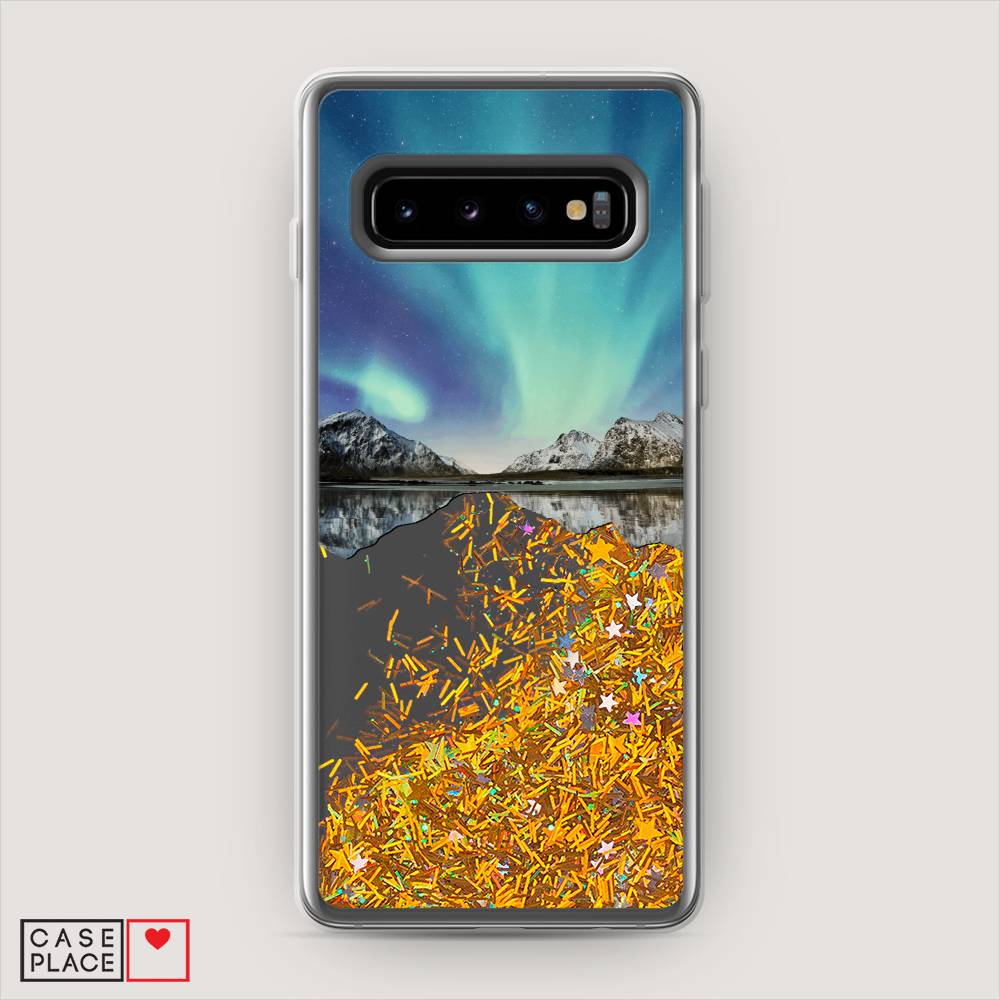 фото Жидкий чехол с блестками "горное озеро и сияние" на samsung galaxy s10 + awog