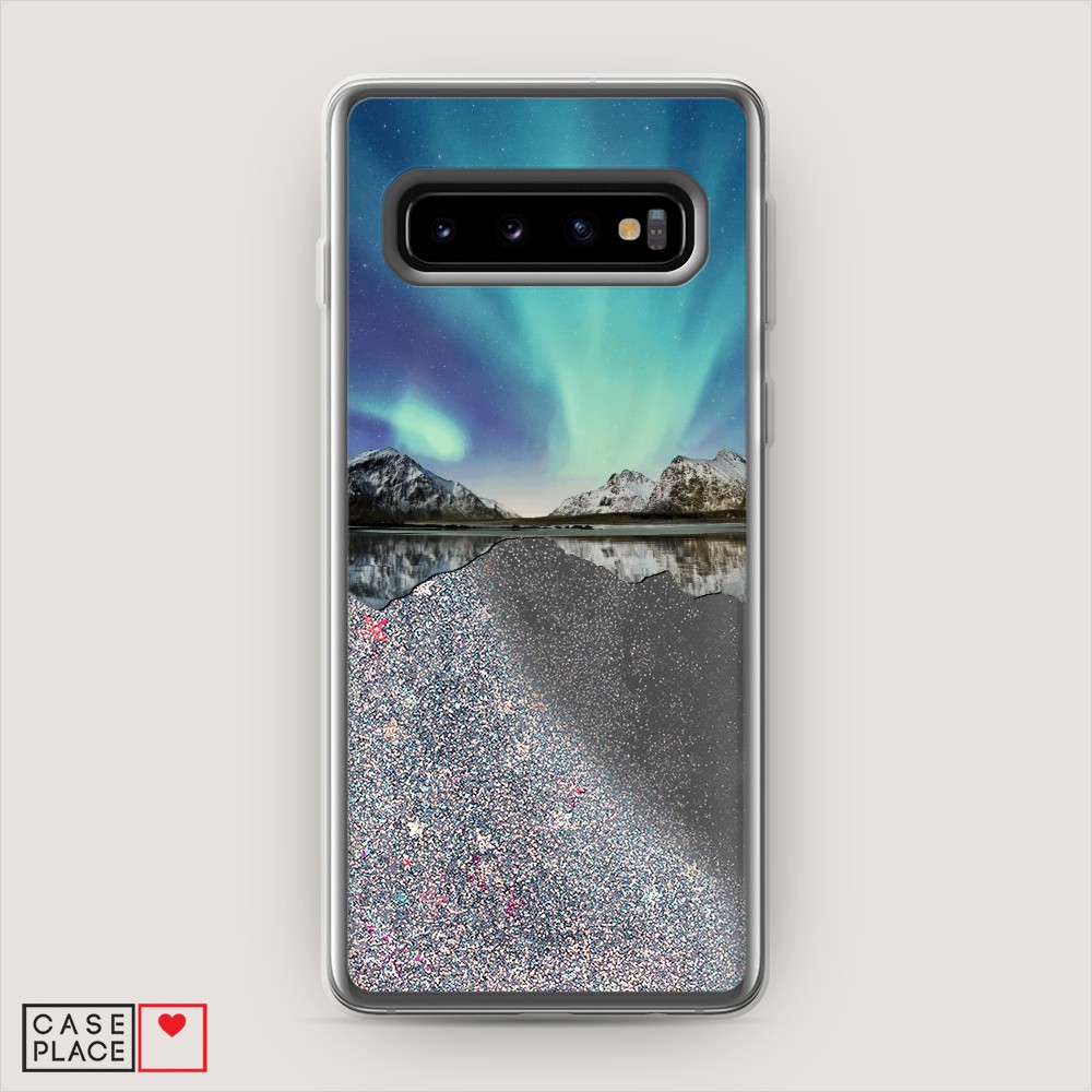 

Жидкий чехол с блестками "Горное озеро и сияние" на Samsung Galaxy S10, 27091-1