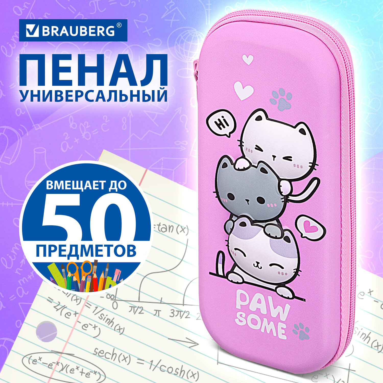 Пенал Brauberg, 272334, школьный, девочке, для карандашей и ручек, 1 отделение, 22х10х5 см