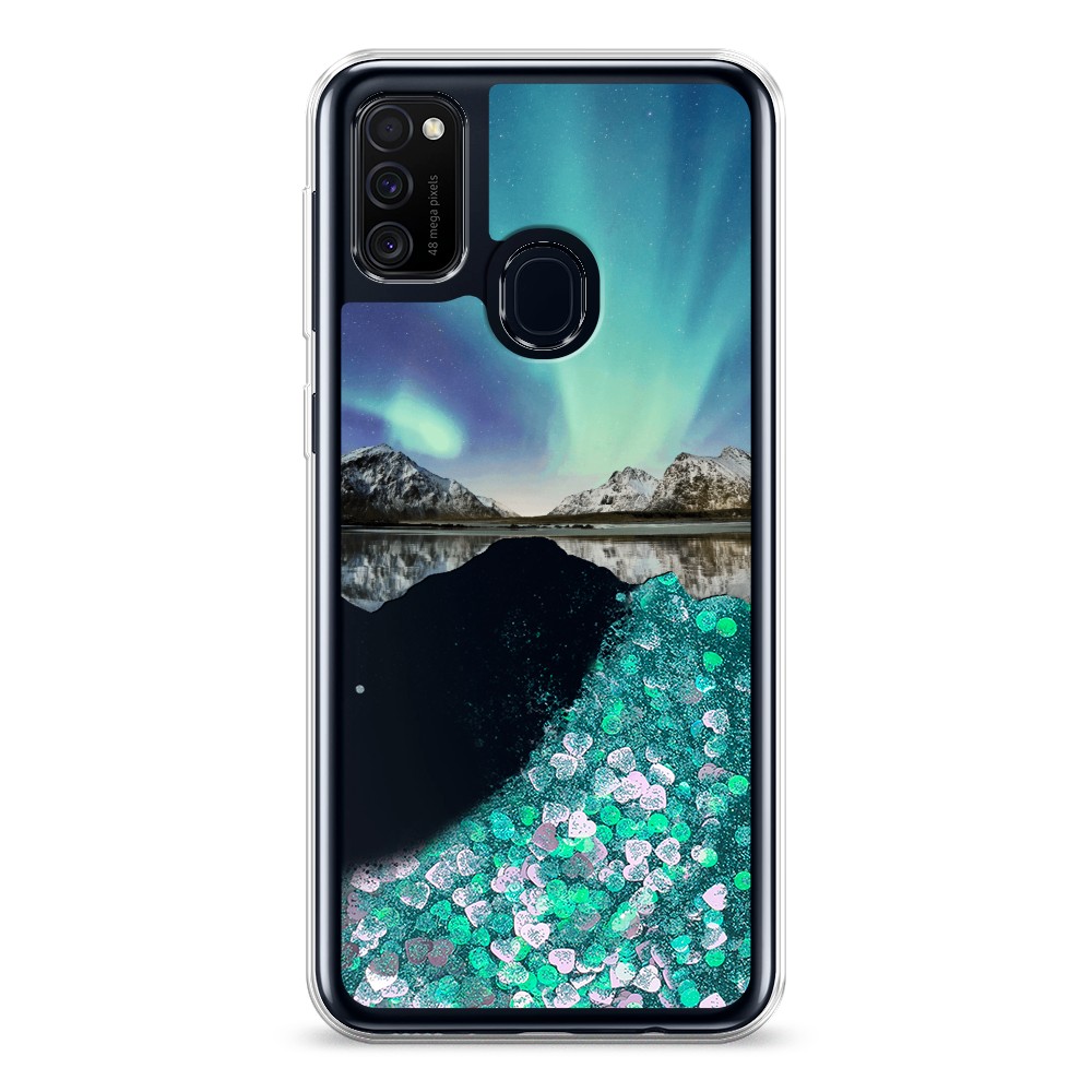 

Жидкий чехол с блестками "Горное озеро и сияние" на Samsung Galaxy M21, 29795-1