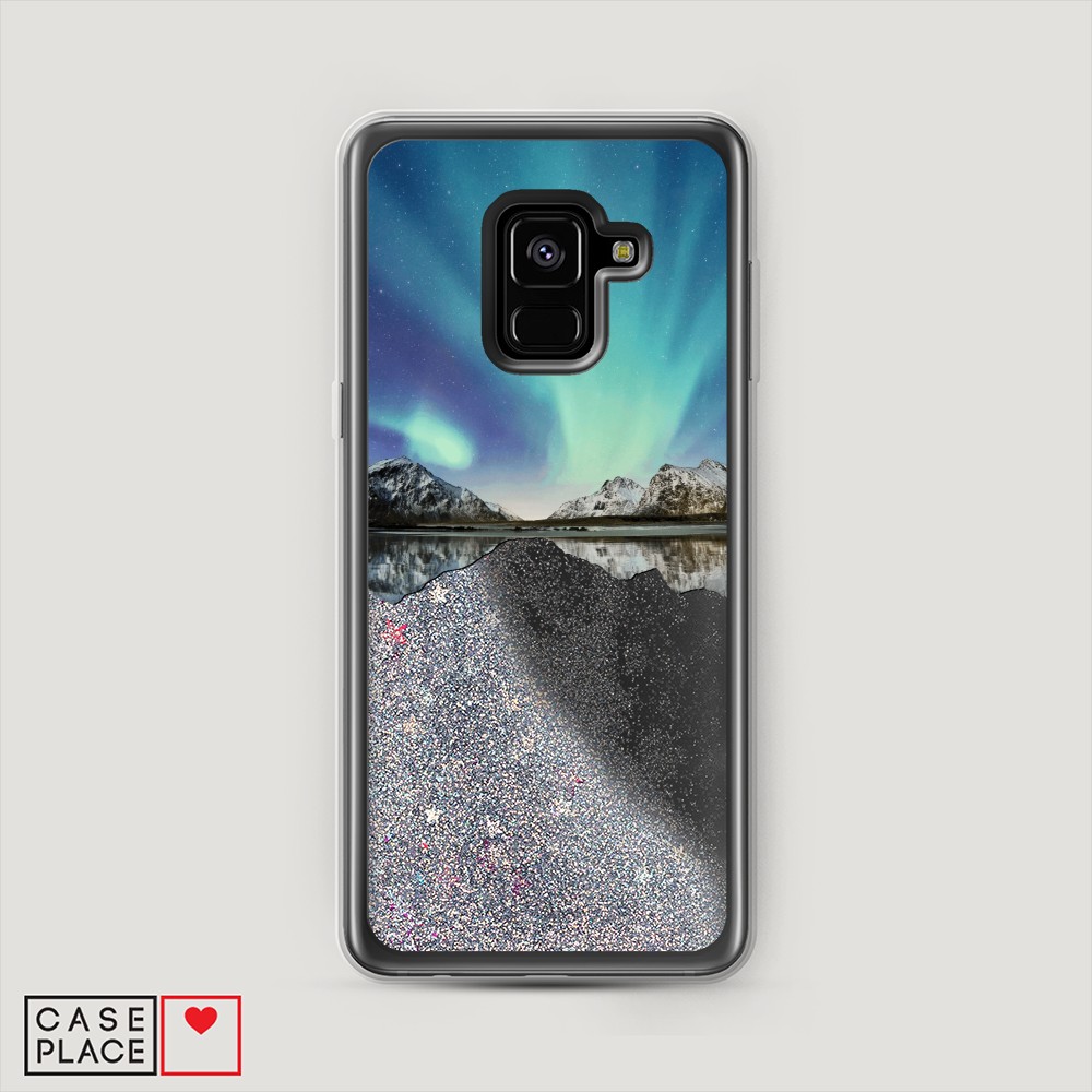 

Жидкий чехол с блестками "Горное озеро и сияние" на Samsung Galaxy A8 2018, 25491-1