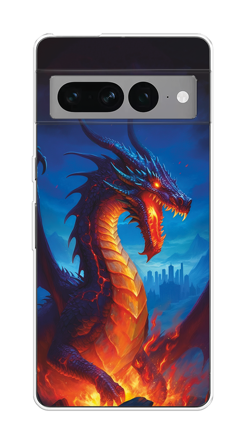 

Чехол на Google Pixel 7 Pro "Дракон над лавой", Оранжевый;коричневый;синий, 271350-1