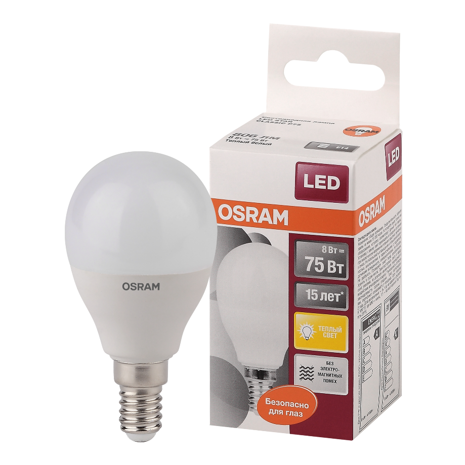 

Лампочка светодиодная OSRAM LED Star, 806лм, 8Вт, 3000К теплый белый свет, E14, колба P