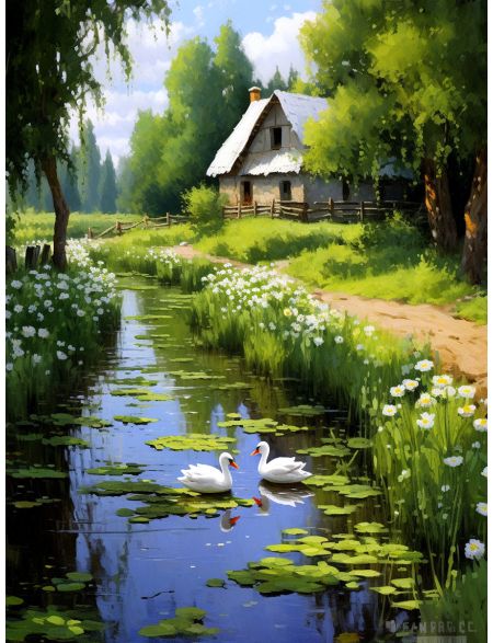 

Алмазная мозаика без подрамника Домик у реки, 130x100 см, 50 цветов, 85271, РА-804