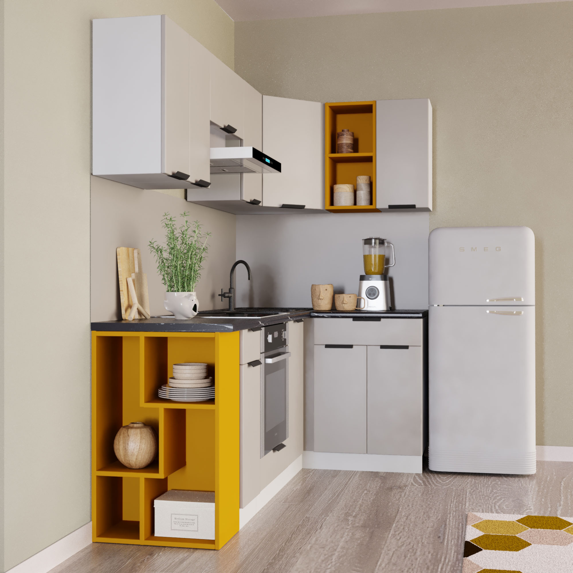 

Кухонный гарнитур Карандаш Фаворит 340x60x220 см Серый камень/Карри желтый
