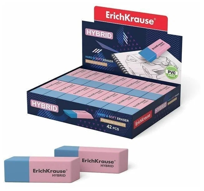 

Ластик Erich Krause Hybrid (прямоугольный, 47х18х7мм, комбинированный, Розовый;синий