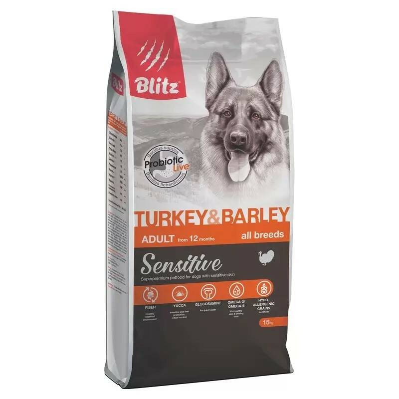 

Сухой корм для собак BLITZ ADULT TURKEY & BARLEY ALL BREEDS, индейка, ячмень, 15 кг