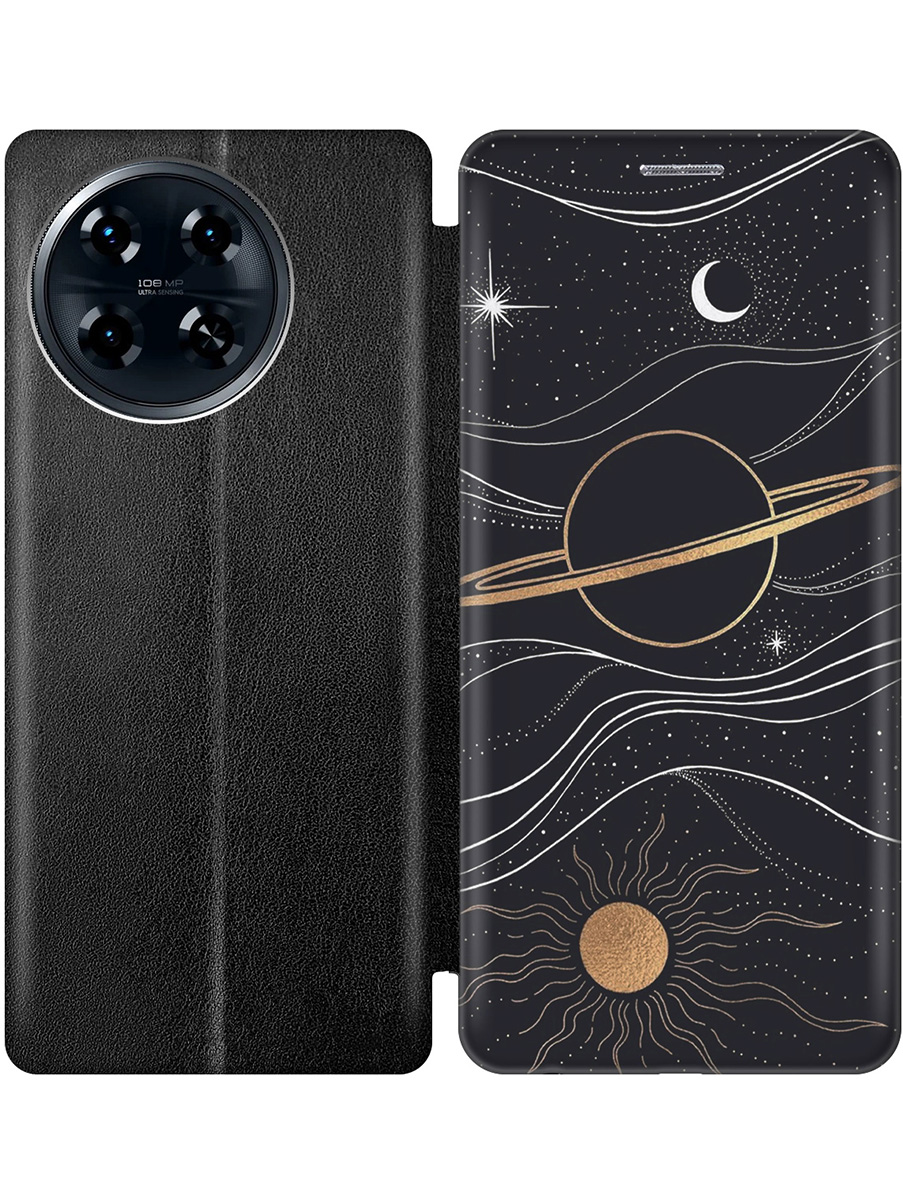 

Чехол-книжка на Tecno Spark 20 Pro+ с принтом "Сатурн и солнце" черный, Черный;белый;желтый, 783985041