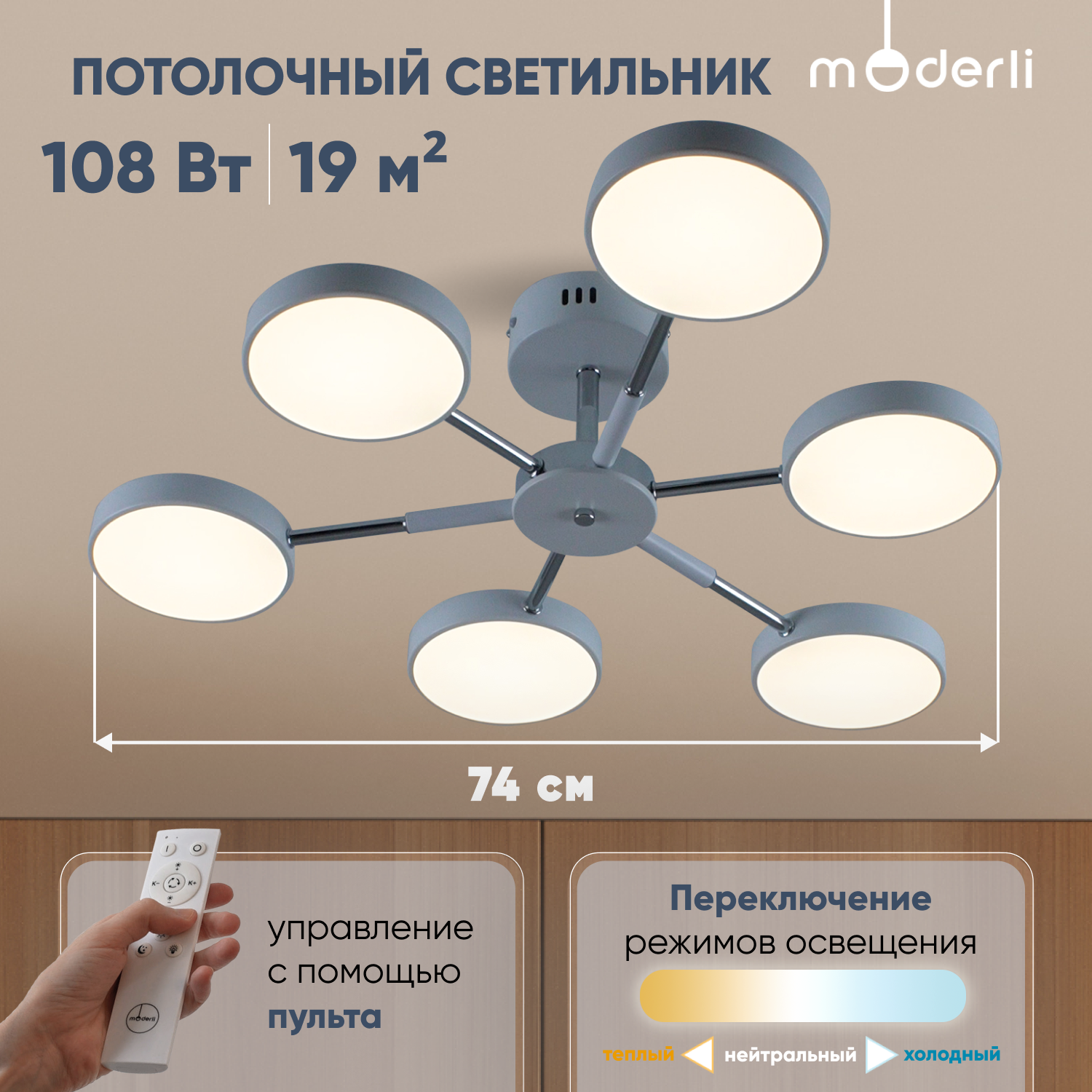 

Светильник потолочный светодиодный Moderli V10961-CL Scandi белый, хром, Scandi
