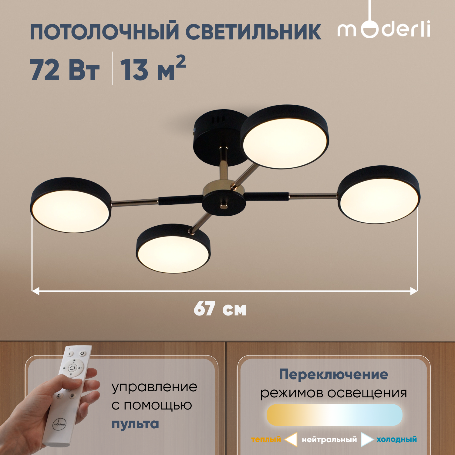 

Светильник потолочный светодиодный Moderli V10959-CL Scandi черный, золотой, Scandi