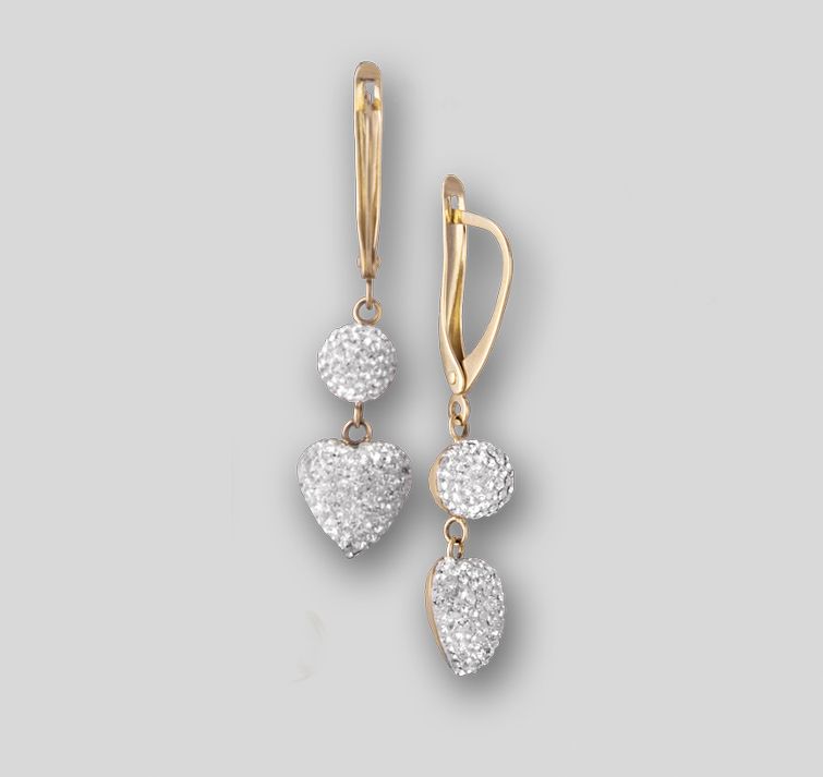 

Золото серьги свисающие сердечки с кристаллами Swarovski Фs-2025-А, 1082Ф
