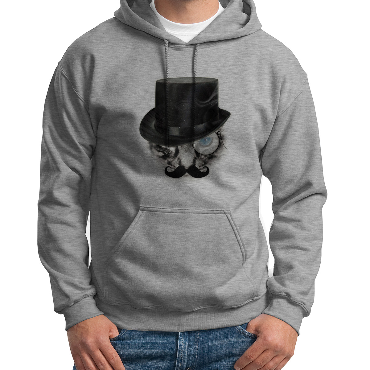 

Худи унисекс CoolPodarok Кот Монокль Шляпа серое 52 RU, Серый, 2S015640