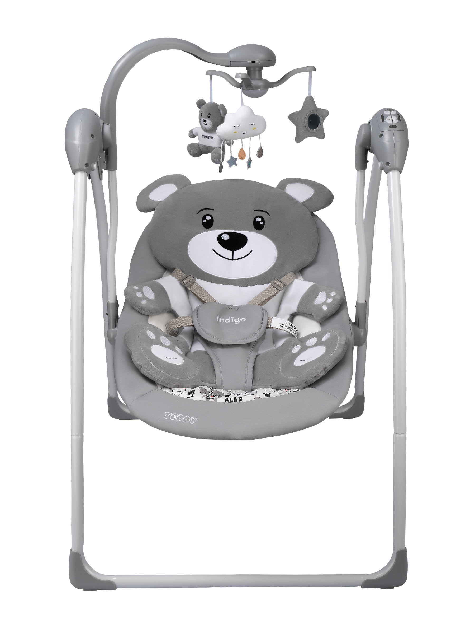 Электрокачели для новорожденных Indigo Teddy с пультом управления, серый