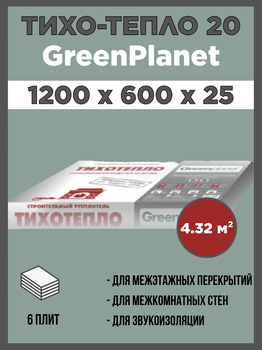 Теплозвукоизоляционные панели GreenPlanet 120060020мм 120150006000ТХ Л1206 4732₽