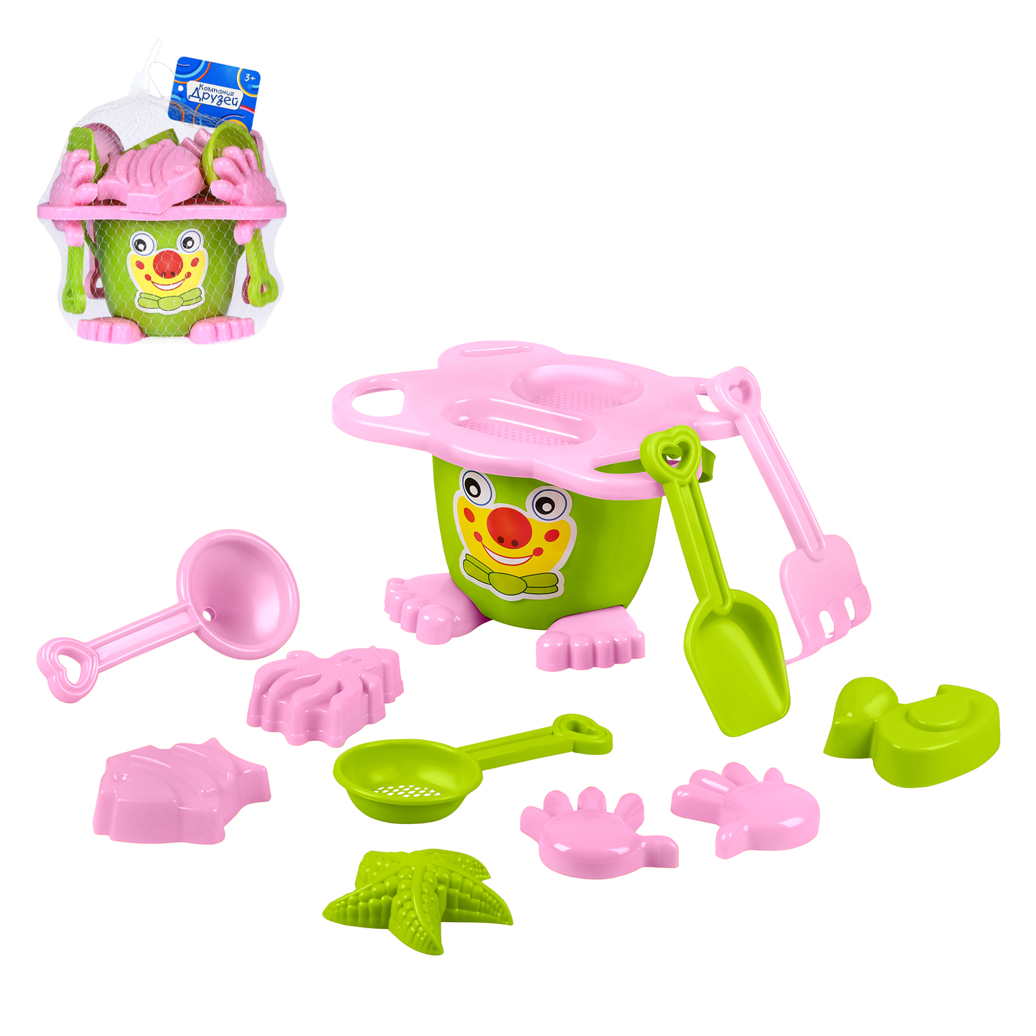 Песочный набор Человечек ТМ Компания Друзей ведёрко/лопатка/грабли/воронка/сито, JB5300549