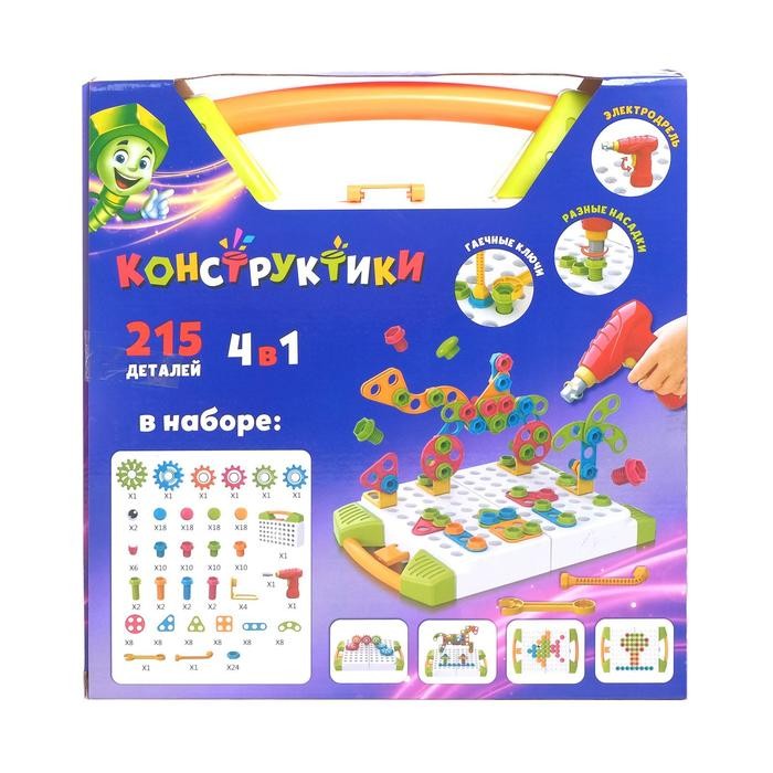 

Конструктор винтовая мозайка "Пуговки шестеренки", 4 в 1, с шуруповертом, 215 деталей