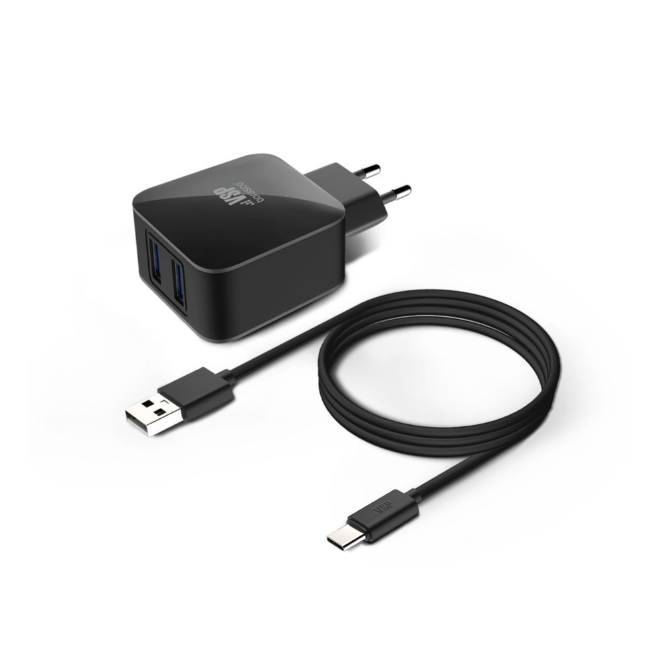 

Сетевое зарядное устройство BoraSCO 2 USB 2,1A + Дата-кабель Type-C, 1м, черный