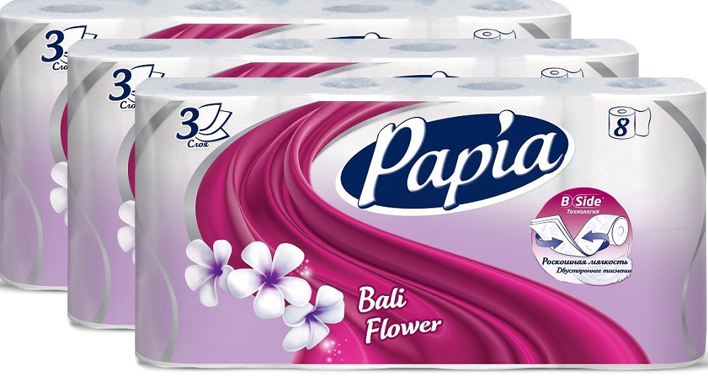 Туалетная бумага Papia Bali Flower 3 слоя 8 рулонов 3шт туалетная бумага papia bali flower 4 шт 2 уп