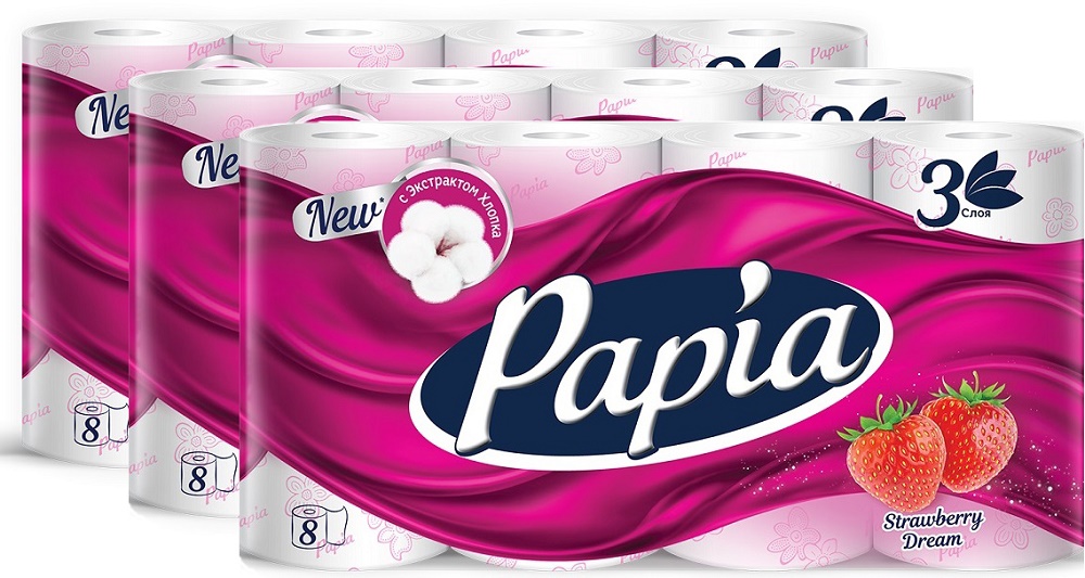 

Туалетная бумага Papia Strawberry Dream 3 слоя 8 рулонов 3шт, Белый