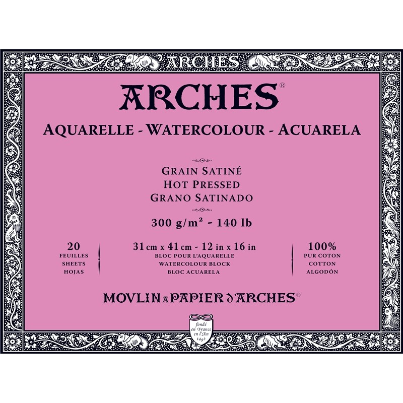 Бумага для акварели Arches, склейка, 300 гр/м2, 31 х 41 см, 20 листов Satin/Мелкое зерно