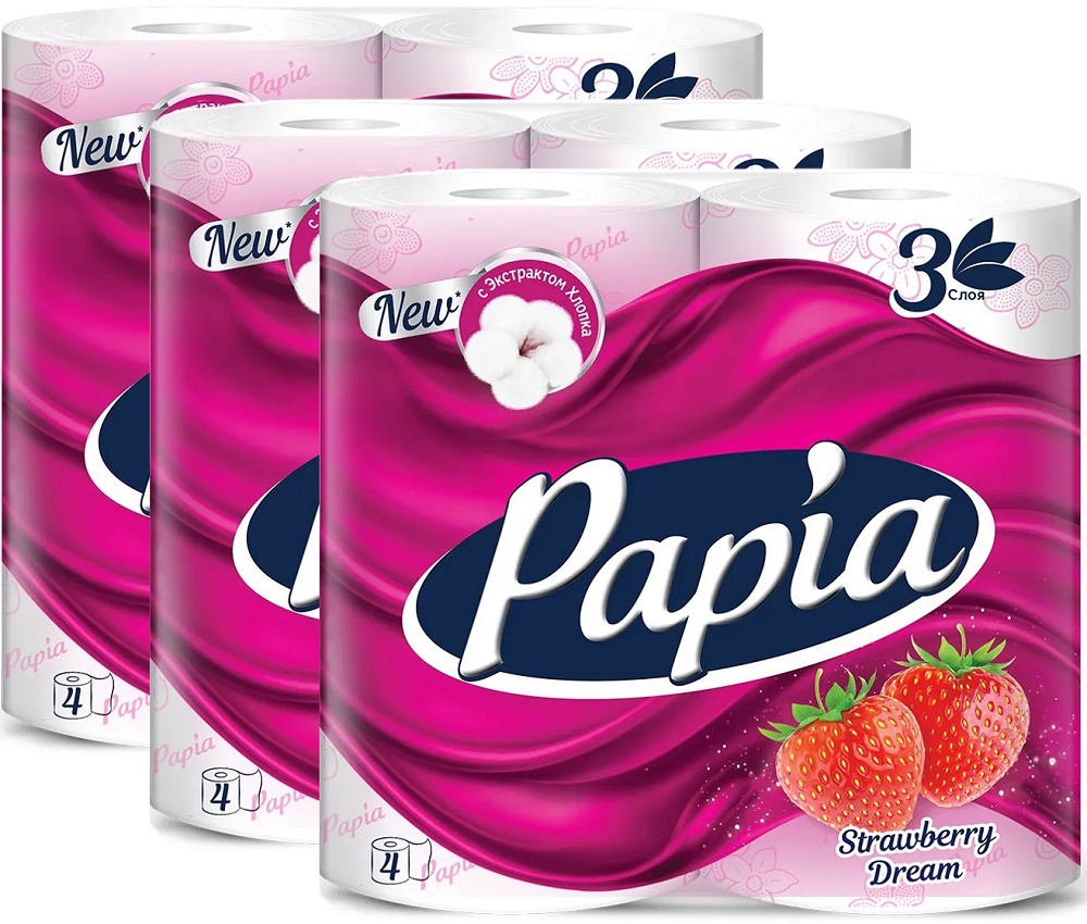 Туалетная бумага Papia Strawberry Dream 3 слоя 4 рулона 3шт полотенца бумажные papia 3 слоя 2 рулона