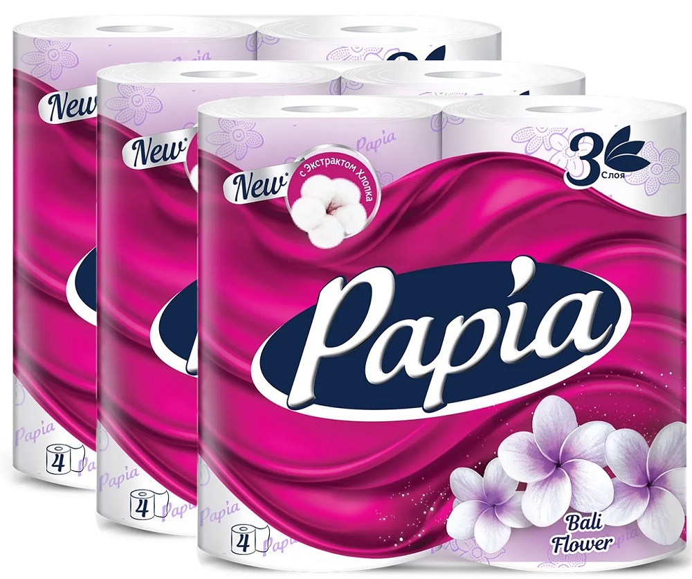 Туалетная бумага Papia Bali Flower 3 слоя 4 рулона 3шт пакеты для уборки за собаками с печатью 3 рулона по 15 пакетов розовый