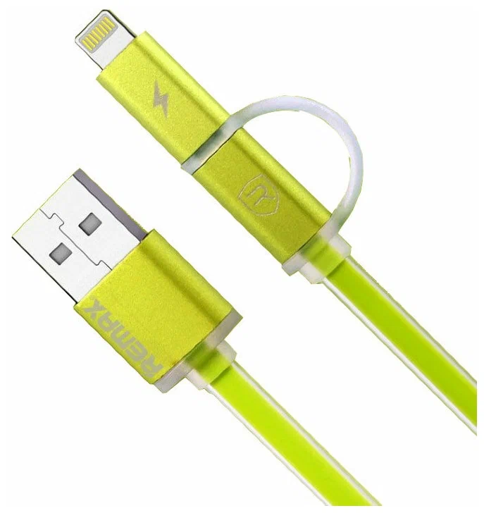 

Дата-кабель Remax Aurora USB - Lightning/Micro USB 2.1A, 1 м, Green